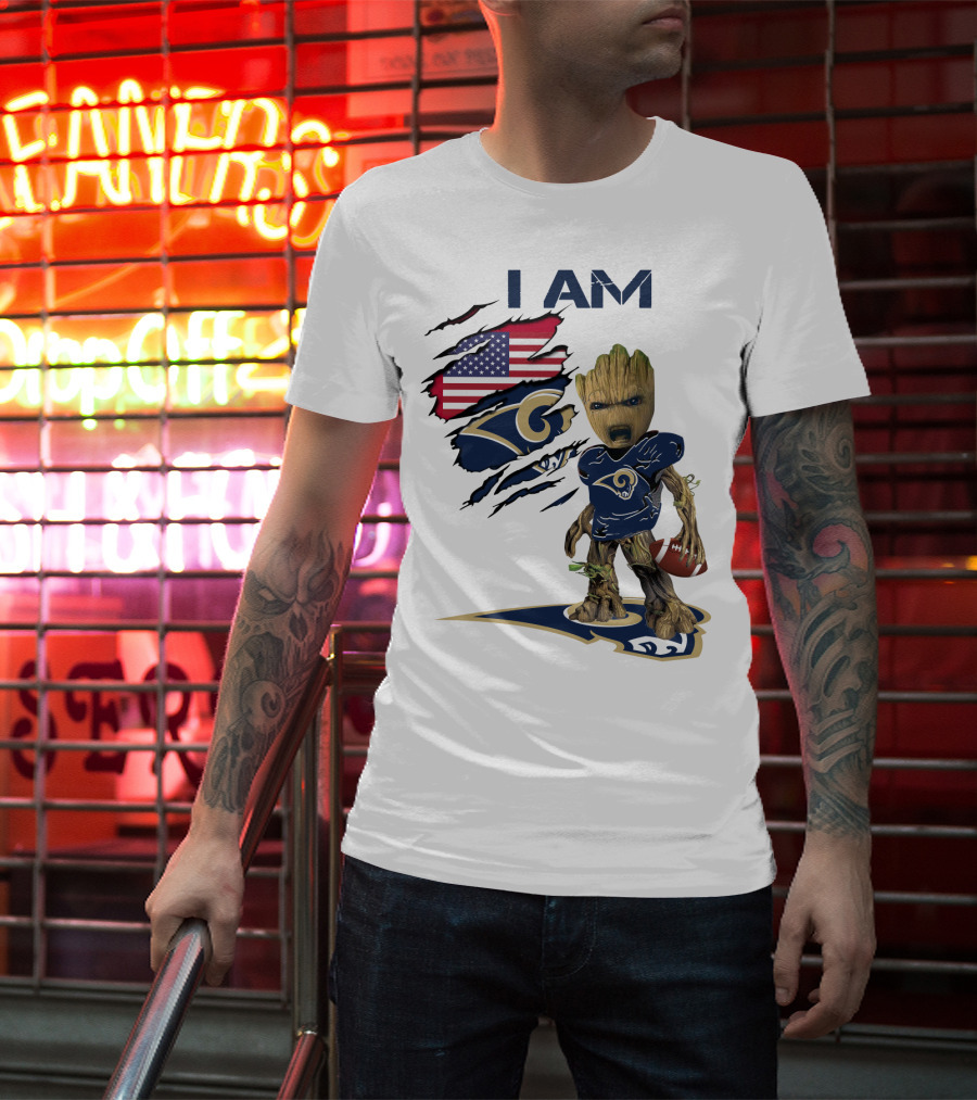 I AM Rams Baby Groot Football USA Flag T-Shirt