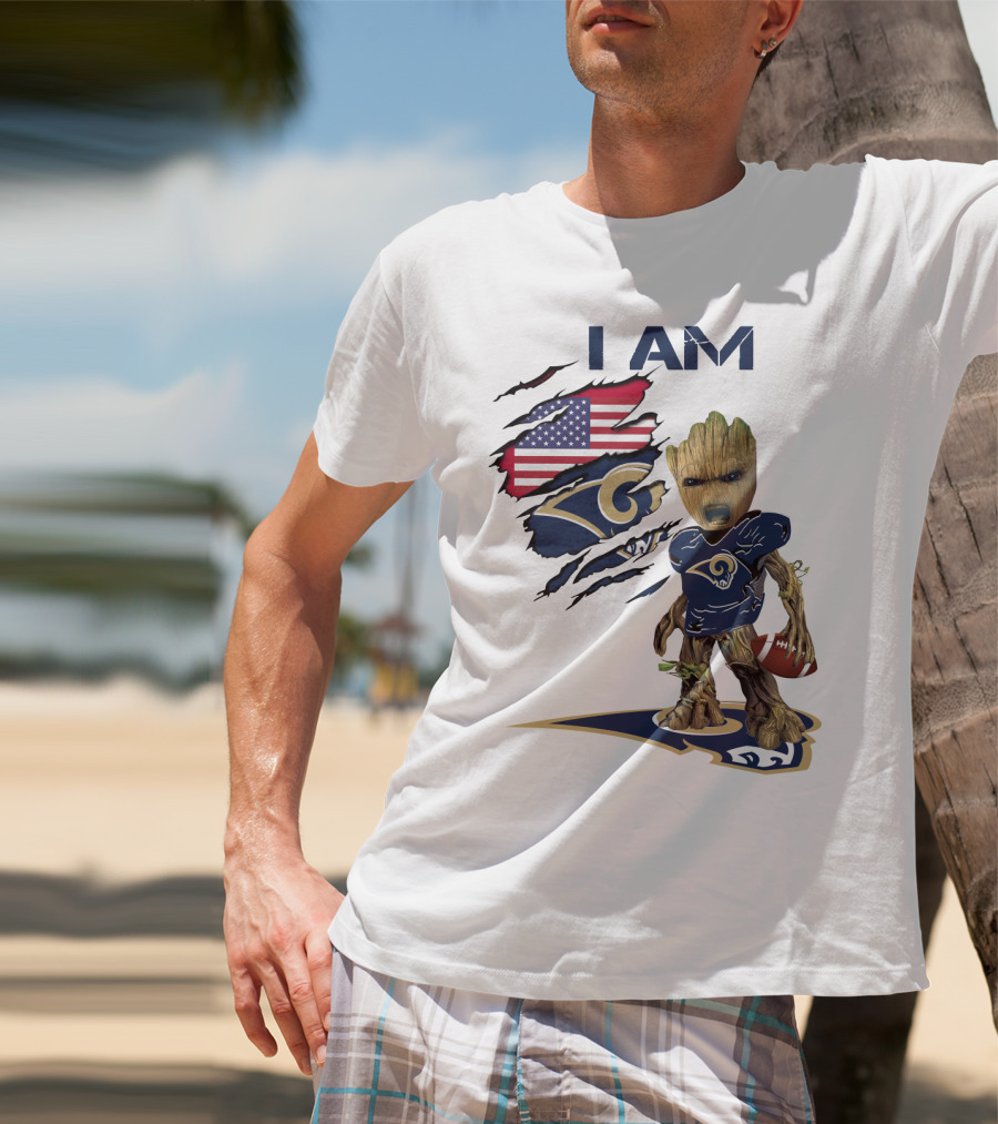 I AM Rams Baby Groot Football USA Flag T-Shirt