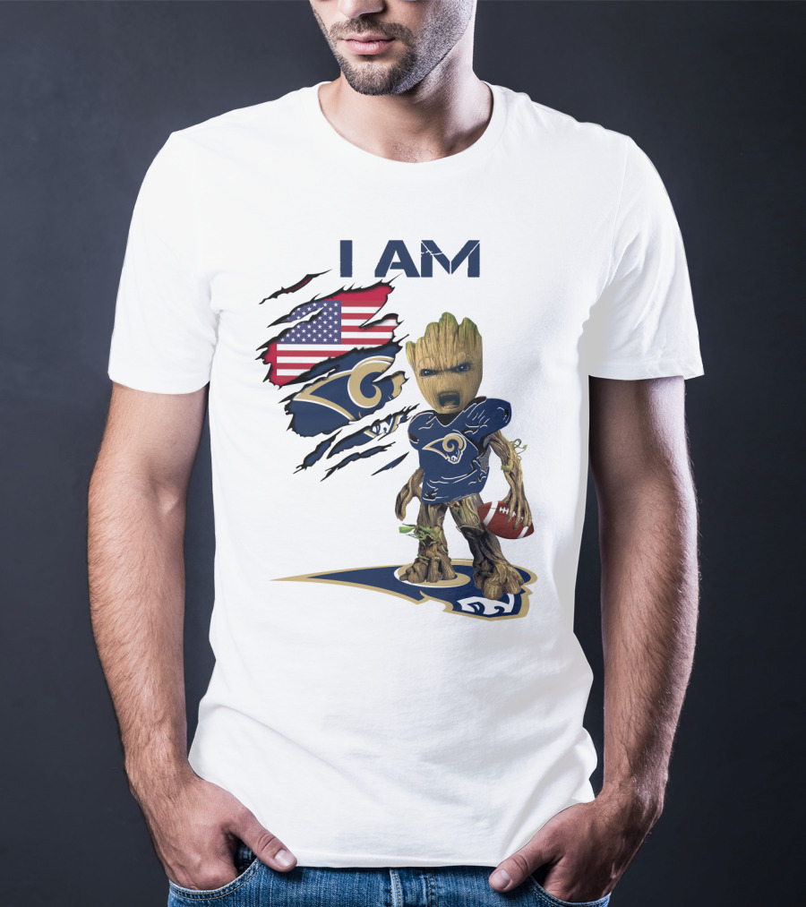 I AM Rams Baby Groot Football USA Flag T-Shirt