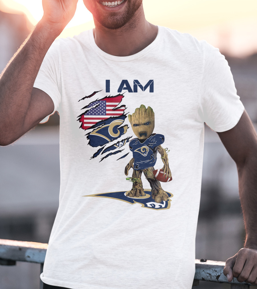 I AM Rams Baby Groot Football USA Flag T-Shirt