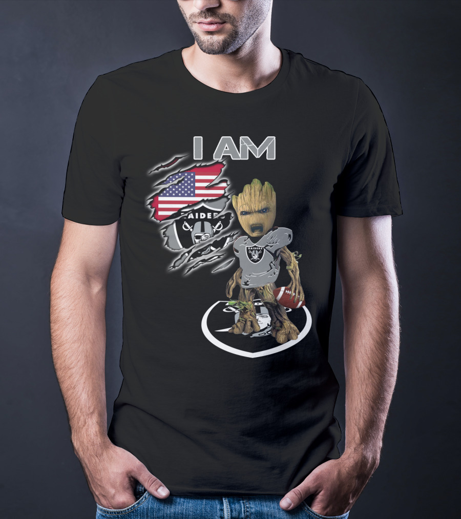 I AM Raiders Baby Groot American Flag Football T-Shirt