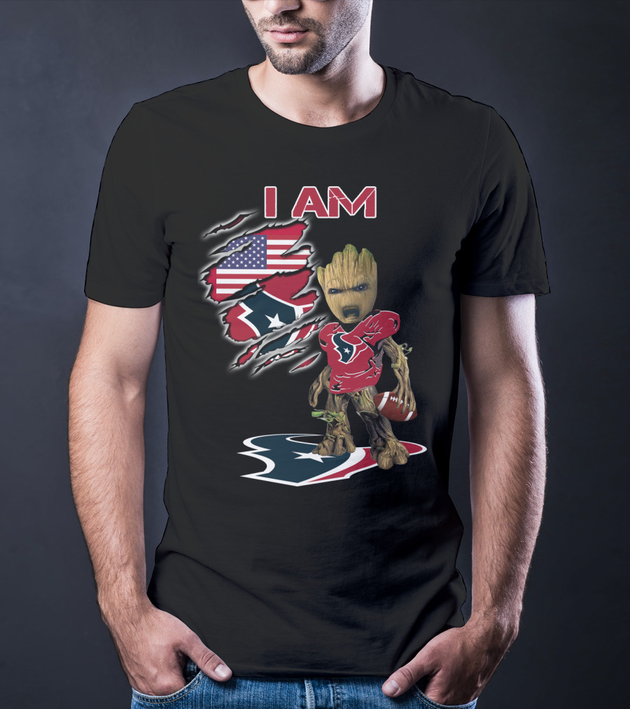I Am Texans Baby Groot American Flag Football Fan T-Shirt