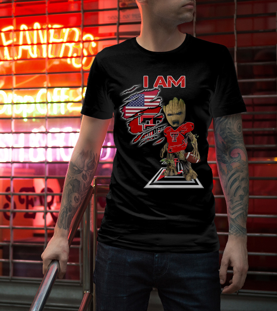I AM Texas Tech Football American Flag Baby Groot T-Shirt