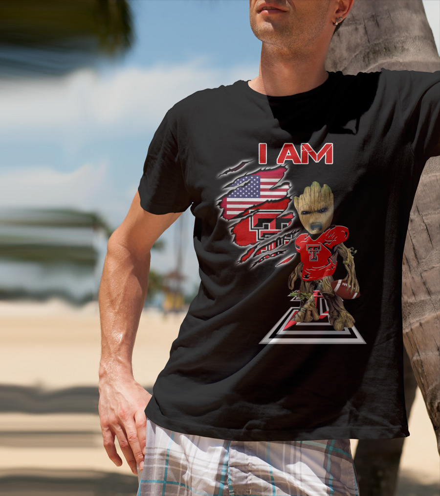 I AM Texas Tech Football American Flag Baby Groot T-Shirt