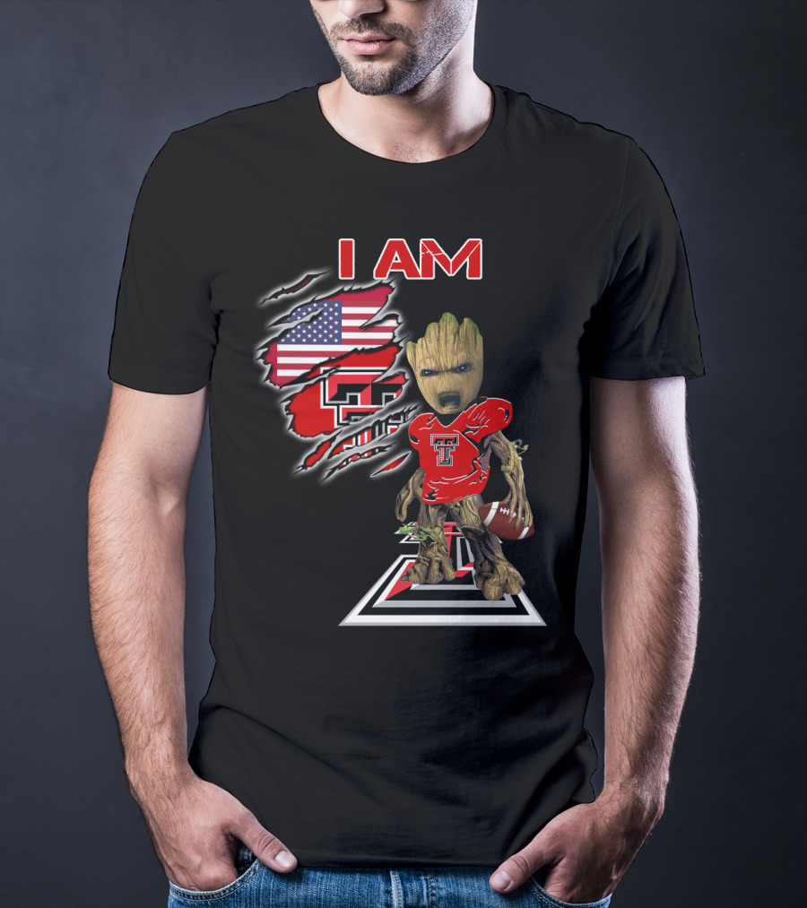 I AM Texas Tech Football American Flag Baby Groot T-Shirt