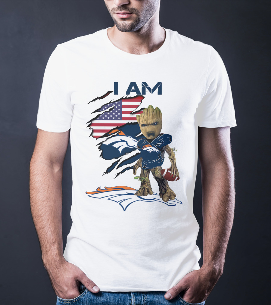 I Am Broncos Baby Groot American Flag Football T-Shirt