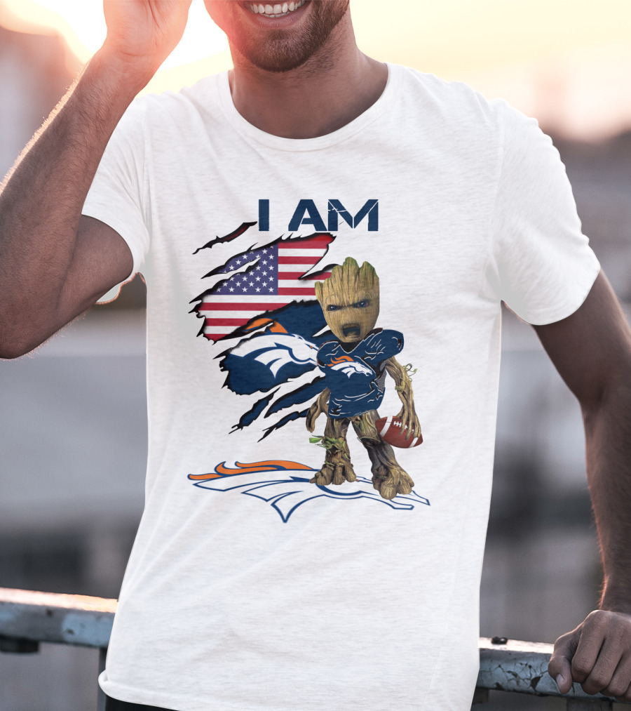 I Am Broncos Baby Groot American Flag Football T-Shirt