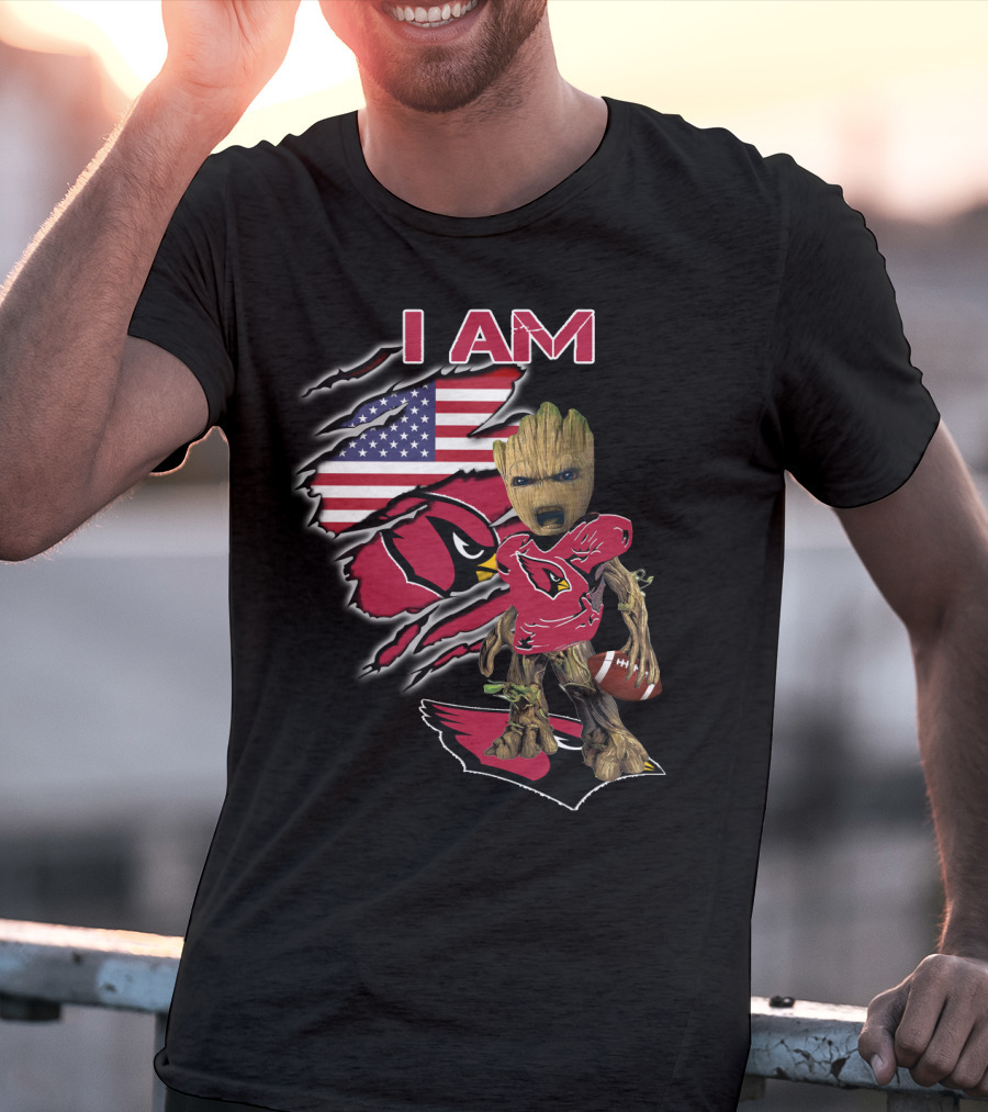 I Am Arizona Cardinals Baby Groot American Flag T-Shirt