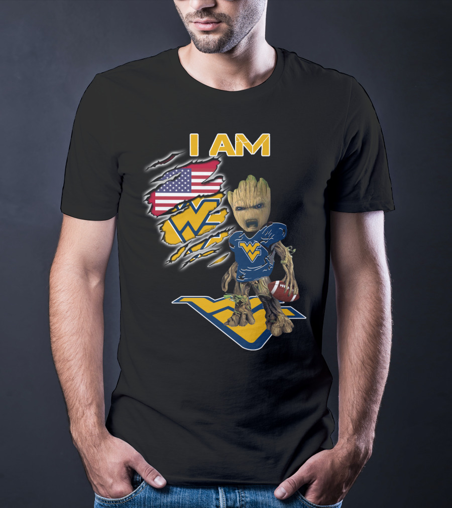 I AM West Virginia Mountaineers Baby Groot Football Fan USA Flag T-Shirt