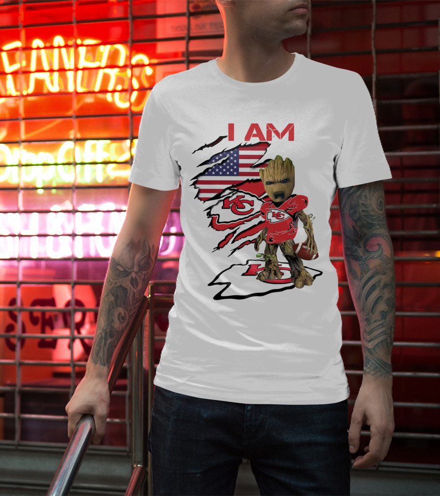 I Am Chiefs Baby Groot American Flag Football KC T-Shirt