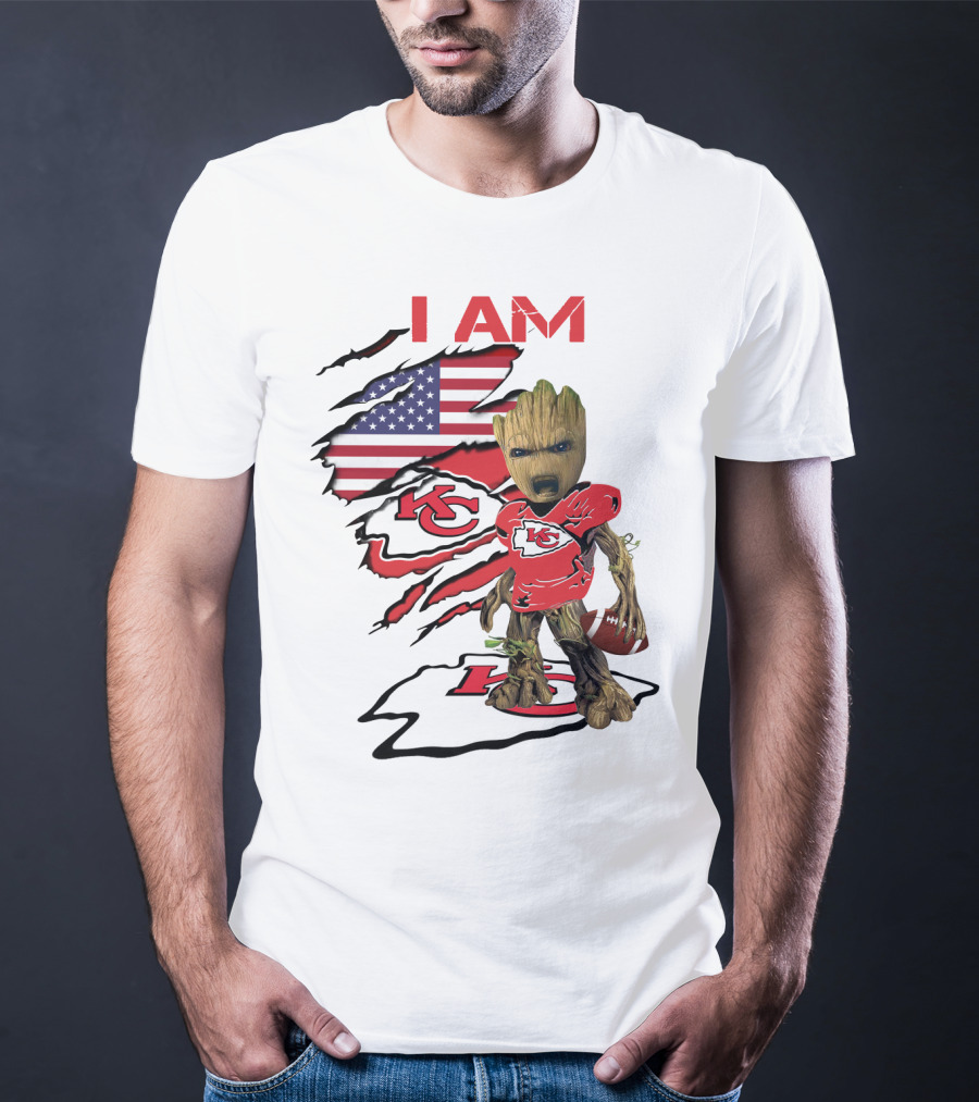 I Am Chiefs Baby Groot American Flag Football KC T-Shirt