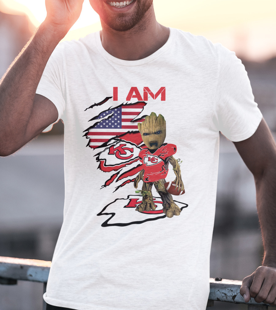 I Am Chiefs Baby Groot American Flag Football KC T-Shirt