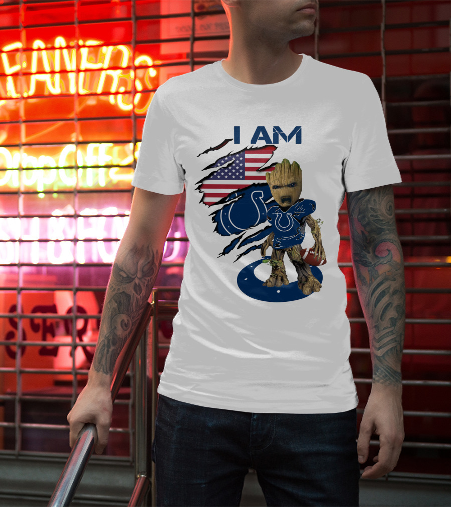 I Am Colts Baby Groot American Flag Football T-Shirt
