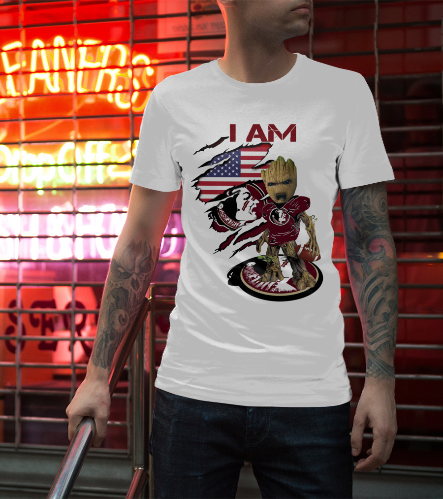 I Am Florida State University Baby Groot With American Flag And Football T-Shirt