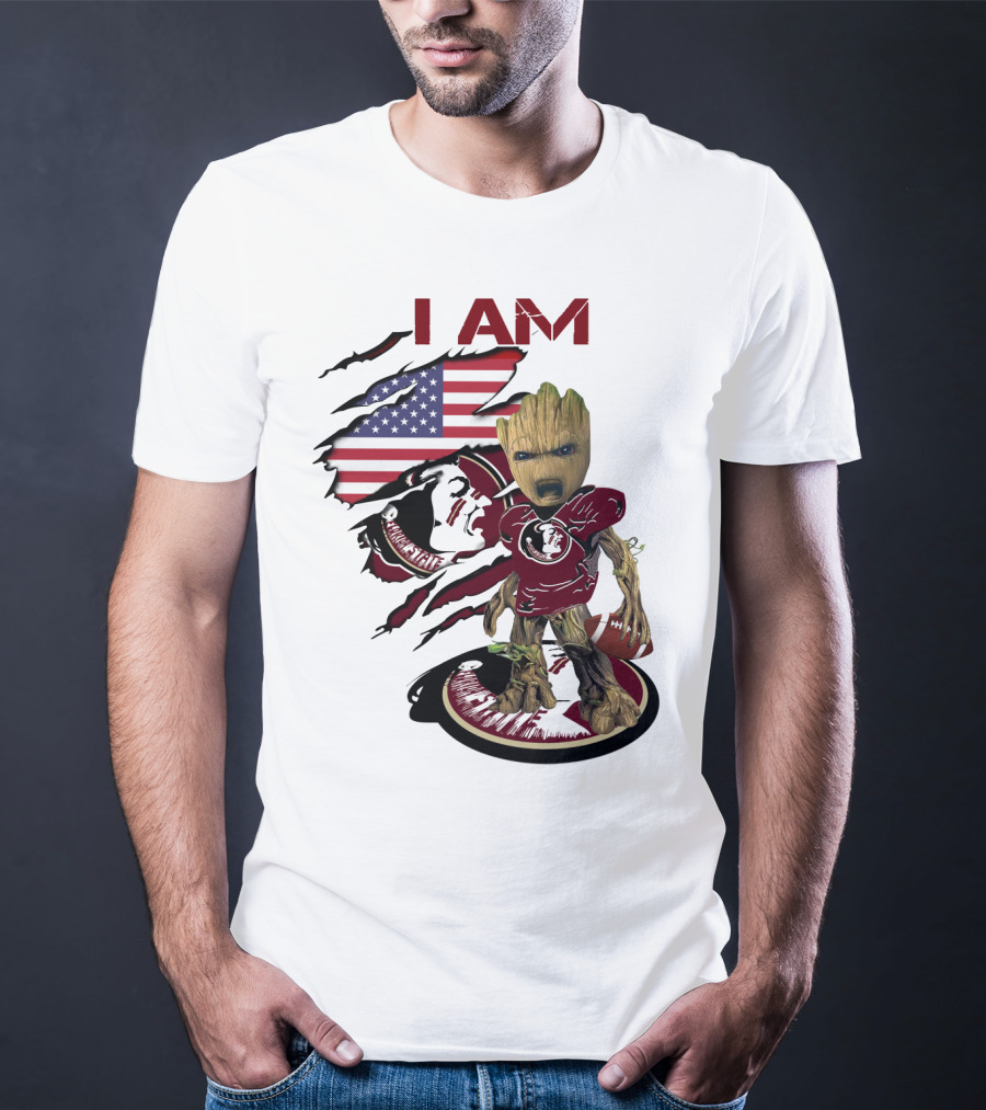 I Am Florida State University Baby Groot With American Flag And Football T-Shirt