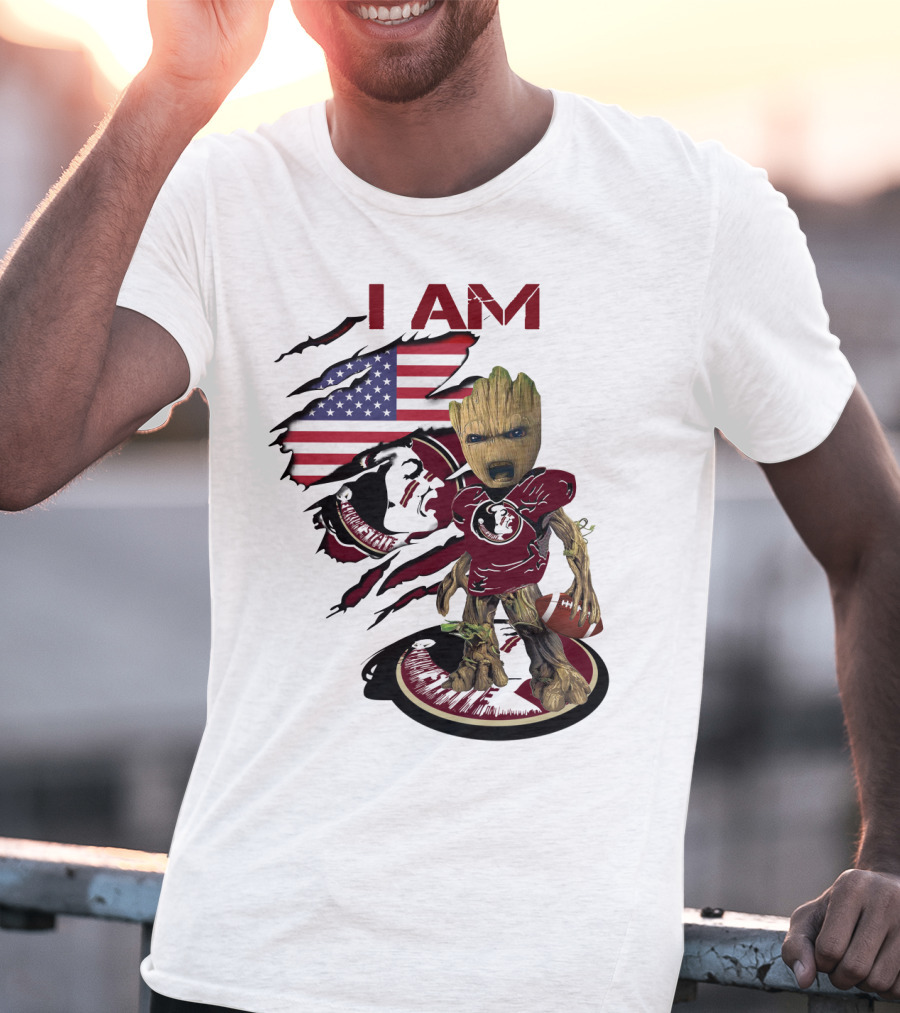 I Am Florida State University Baby Groot With American Flag And Football T-Shirt