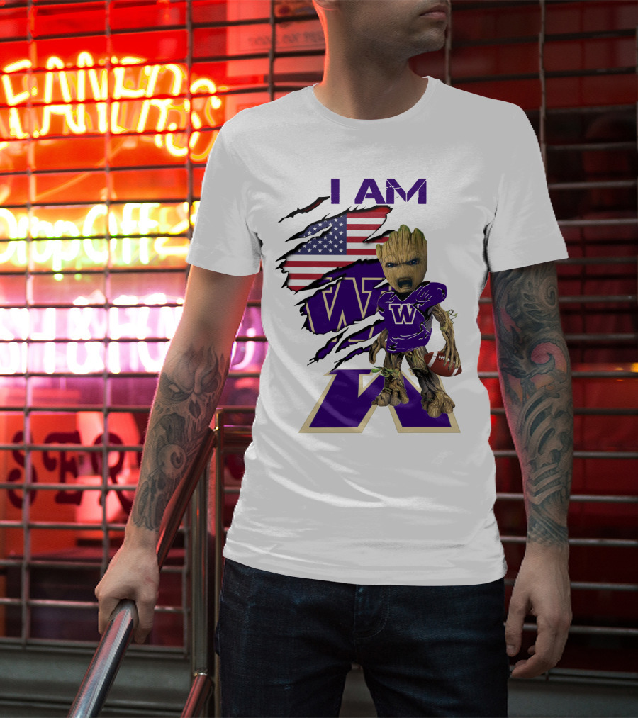 I AM Hukies W Baby Groot Football American Flag T-Shirt