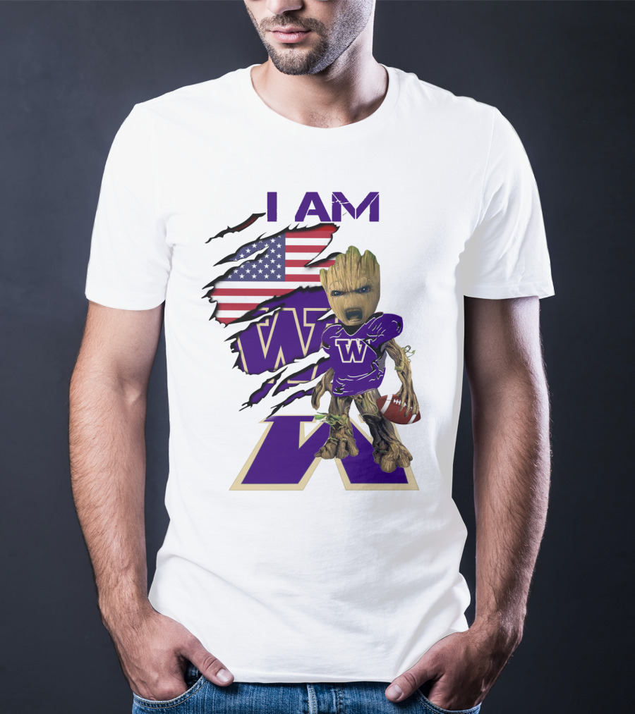 I AM Hukies W Baby Groot Football American Flag T-Shirt