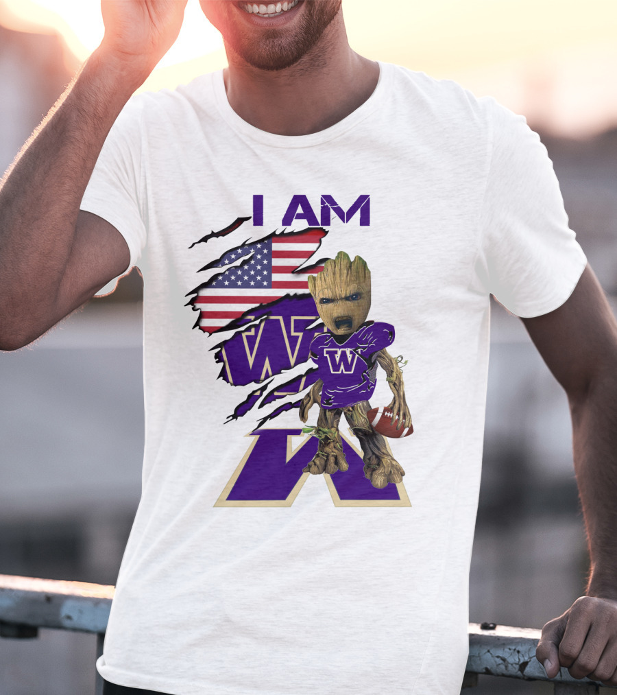 I AM Hukies W Baby Groot Football American Flag T-Shirt