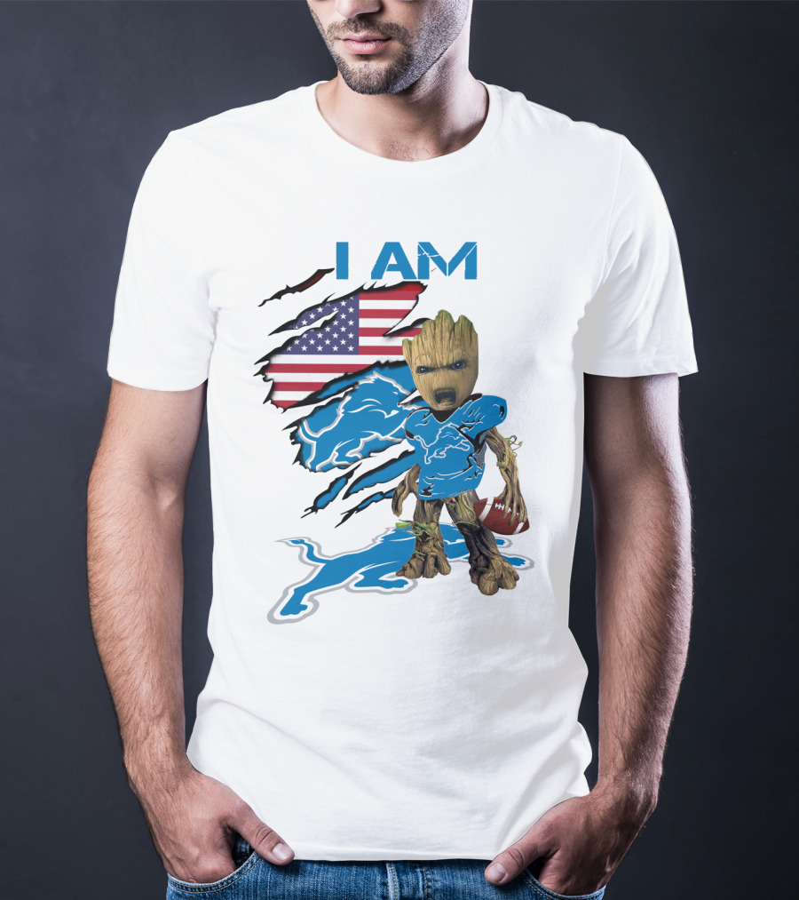 I AM Lions Baby Groot Football American Flag T-Shirt