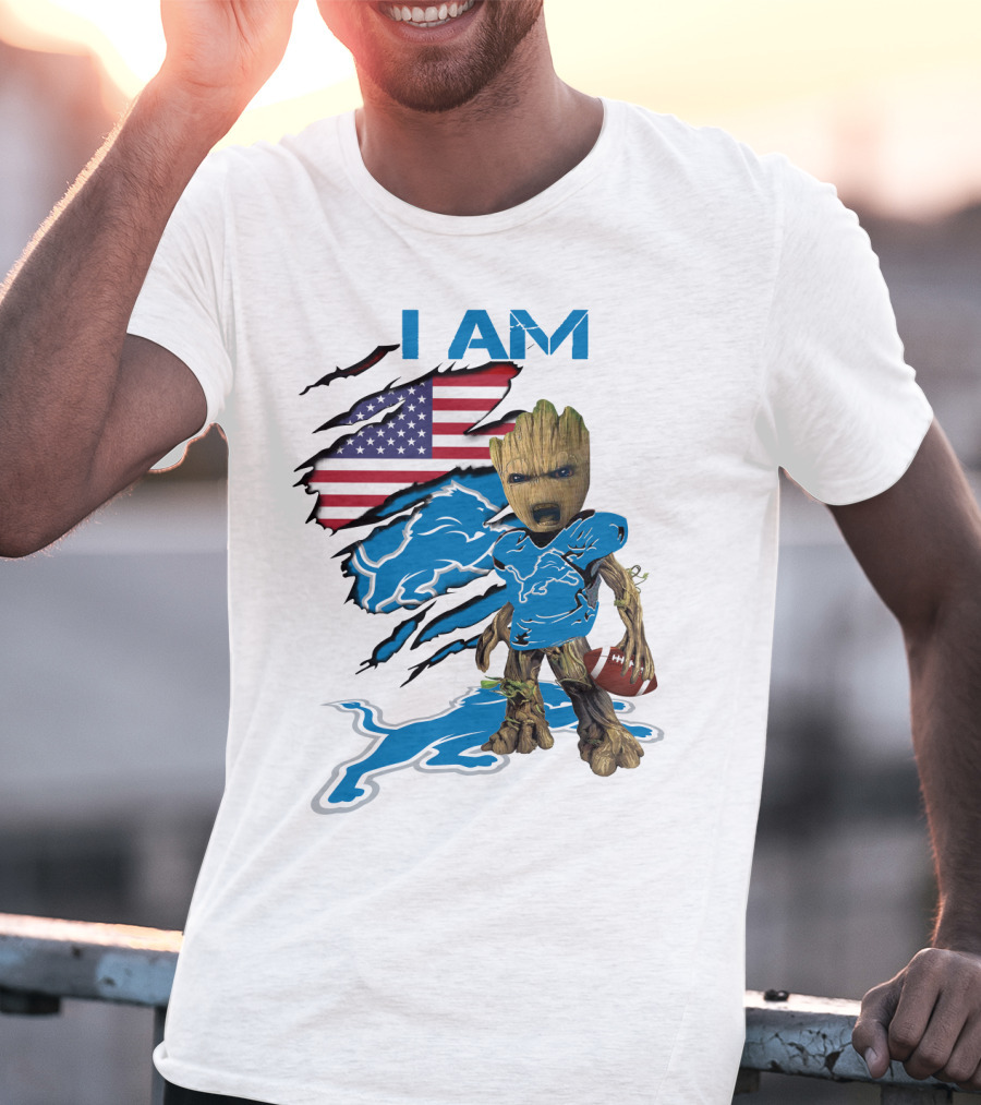 I AM Lions Baby Groot Football American Flag T-Shirt