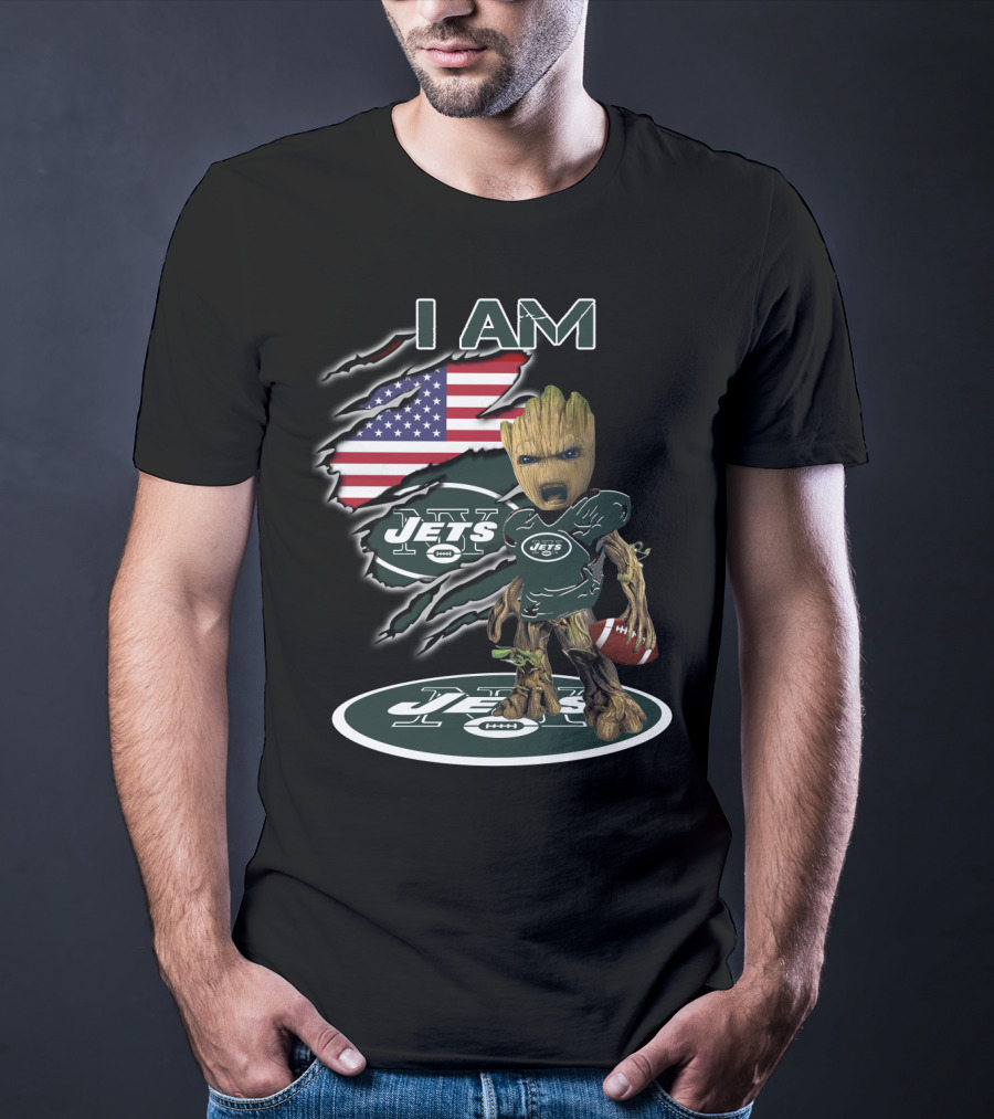I Am Jets Baby Groot American Flag Football T-Shirt