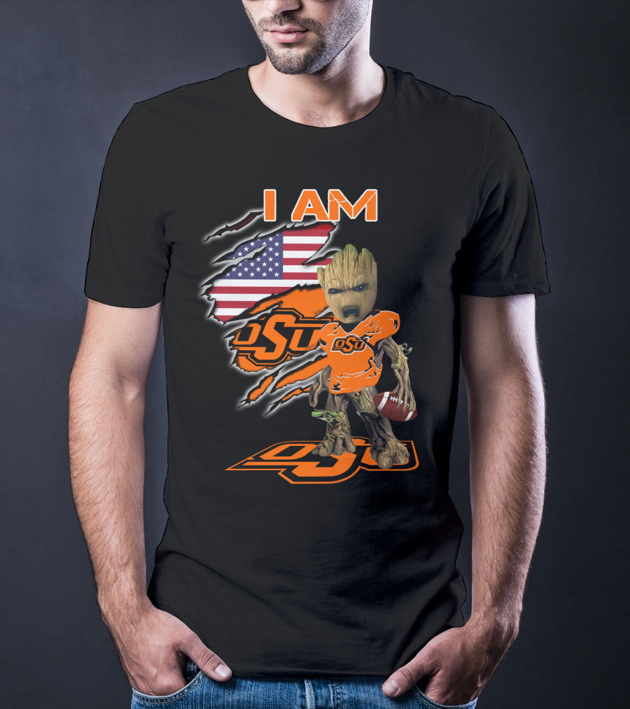 I Am OSU Baby Groot Football American Flag T-Shirt