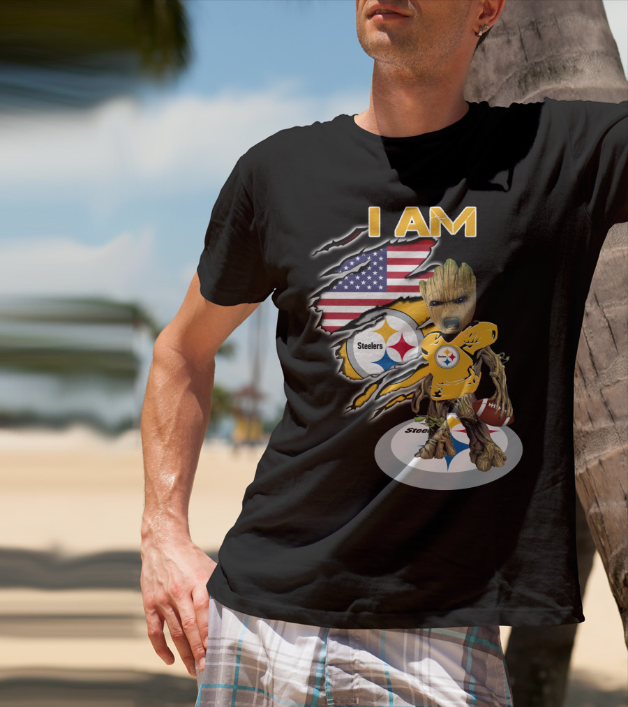 I Am Steelers Baby Groot American Flag Football Nfl Character T-Shirt