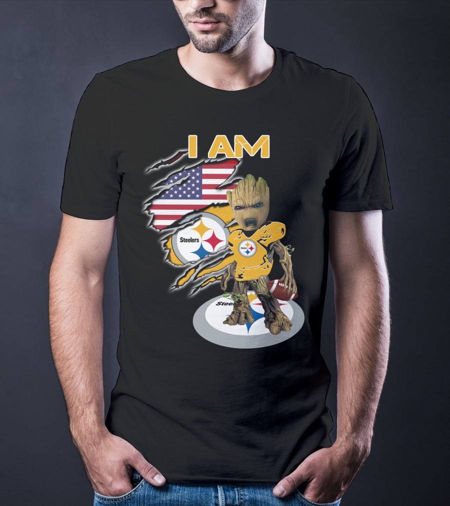 I Am Steelers Baby Groot American Flag Football Nfl Character T-Shirt