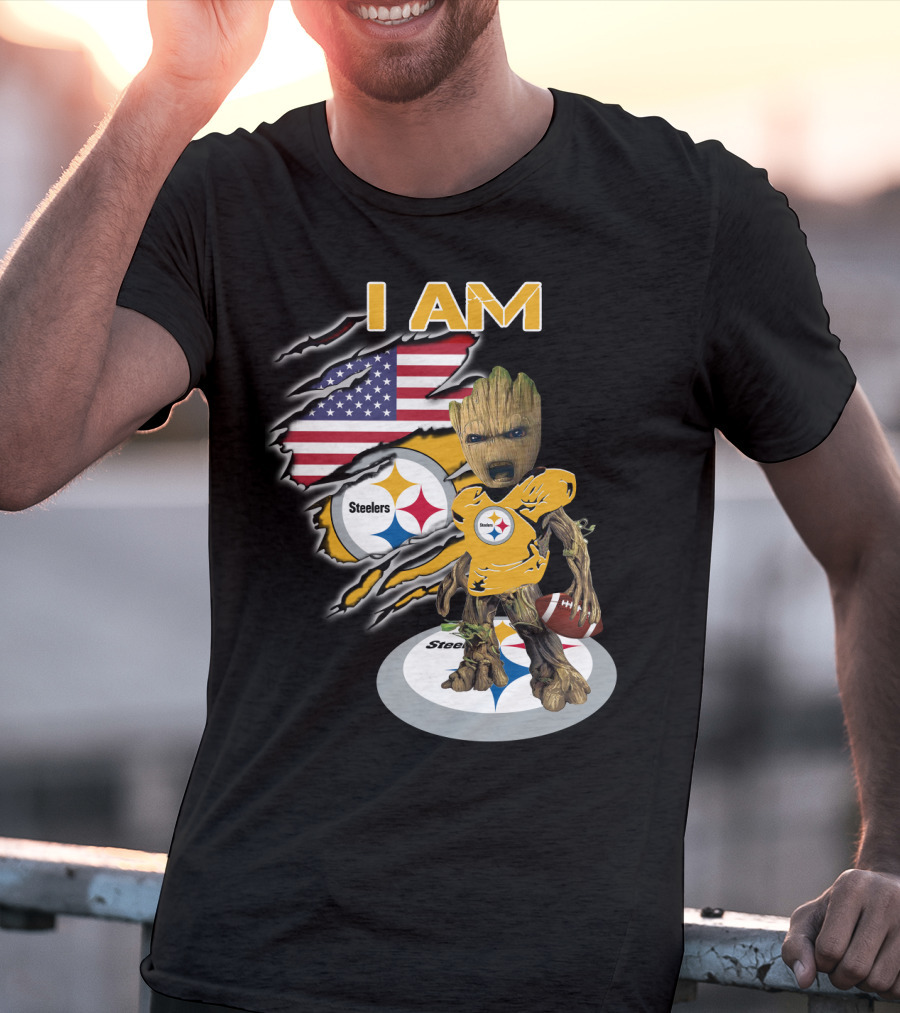 I Am Steelers Baby Groot American Flag Football Nfl Character T-Shirt