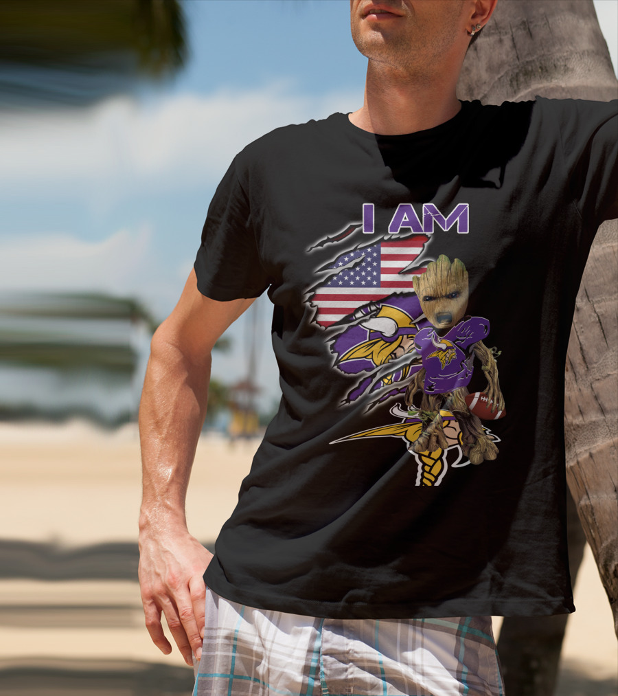 I AM Vikings Baby Groot American Flag Football T-Shirt