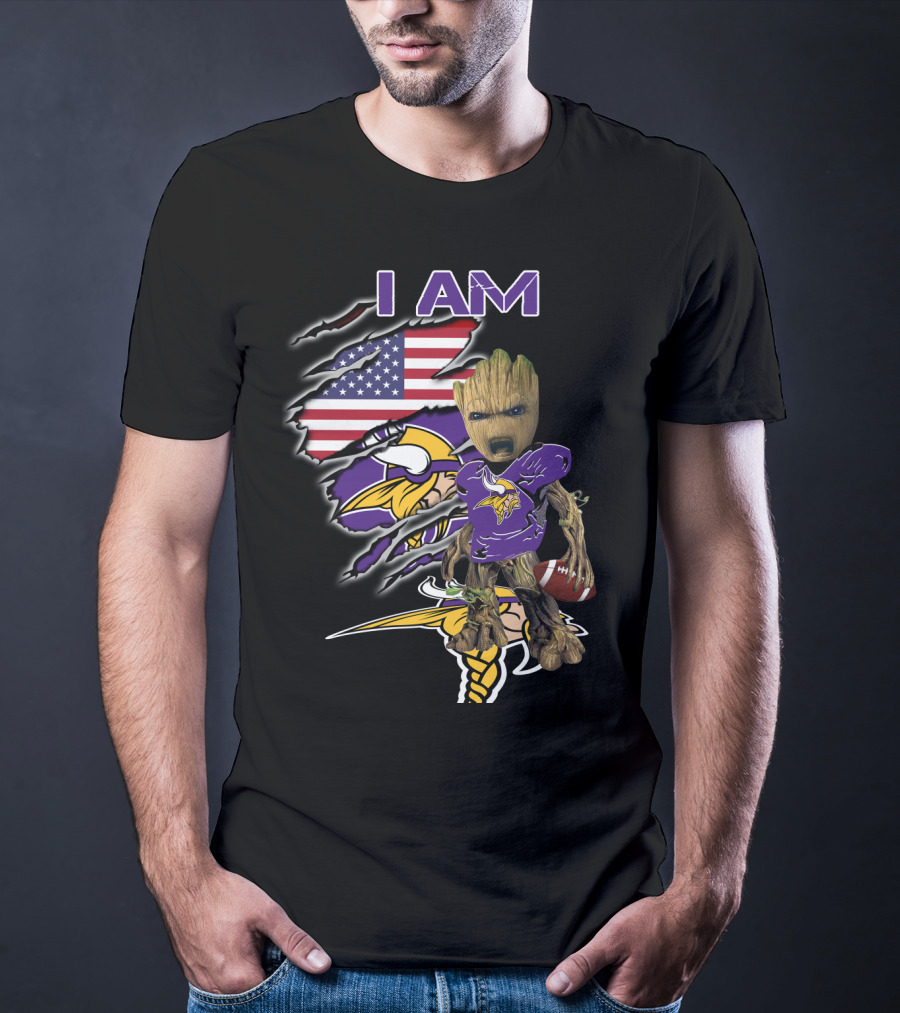 I AM Vikings Baby Groot American Flag Football T-Shirt