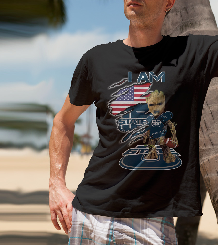I AM Utah State Baby Groot Football American Flag T-Shirt