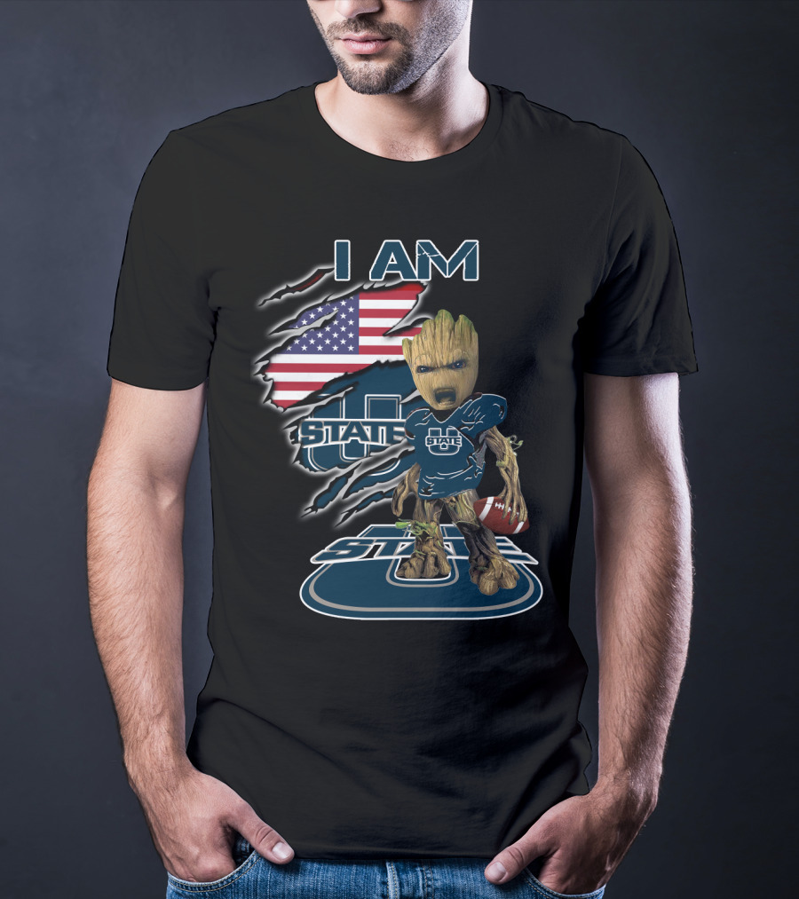 I AM Utah State Baby Groot Football American Flag T-Shirt
