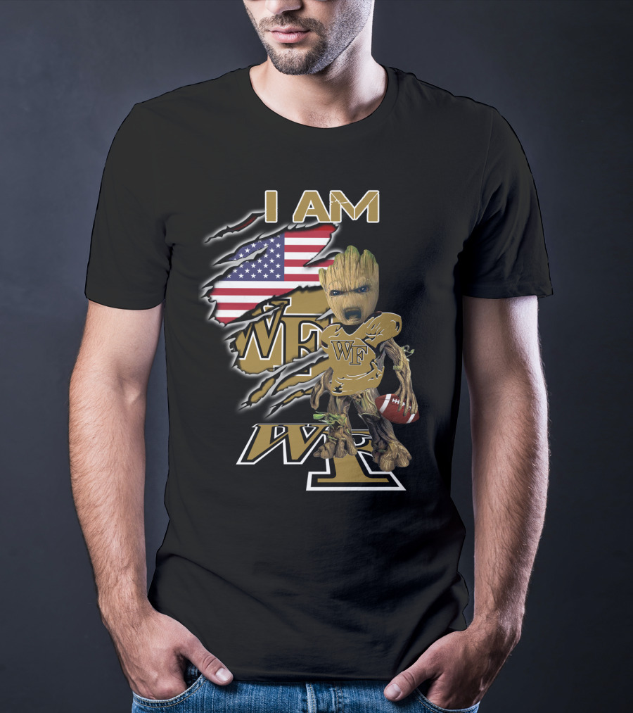I Am Wf Wake Forest Baby Groot American Flag Football T-Shirt