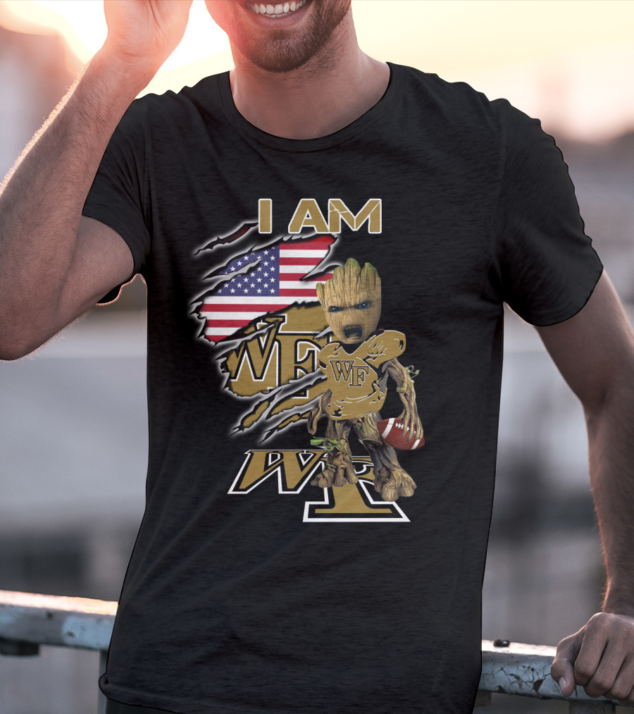 I Am Wf Wake Forest Baby Groot American Flag Football T-Shirt