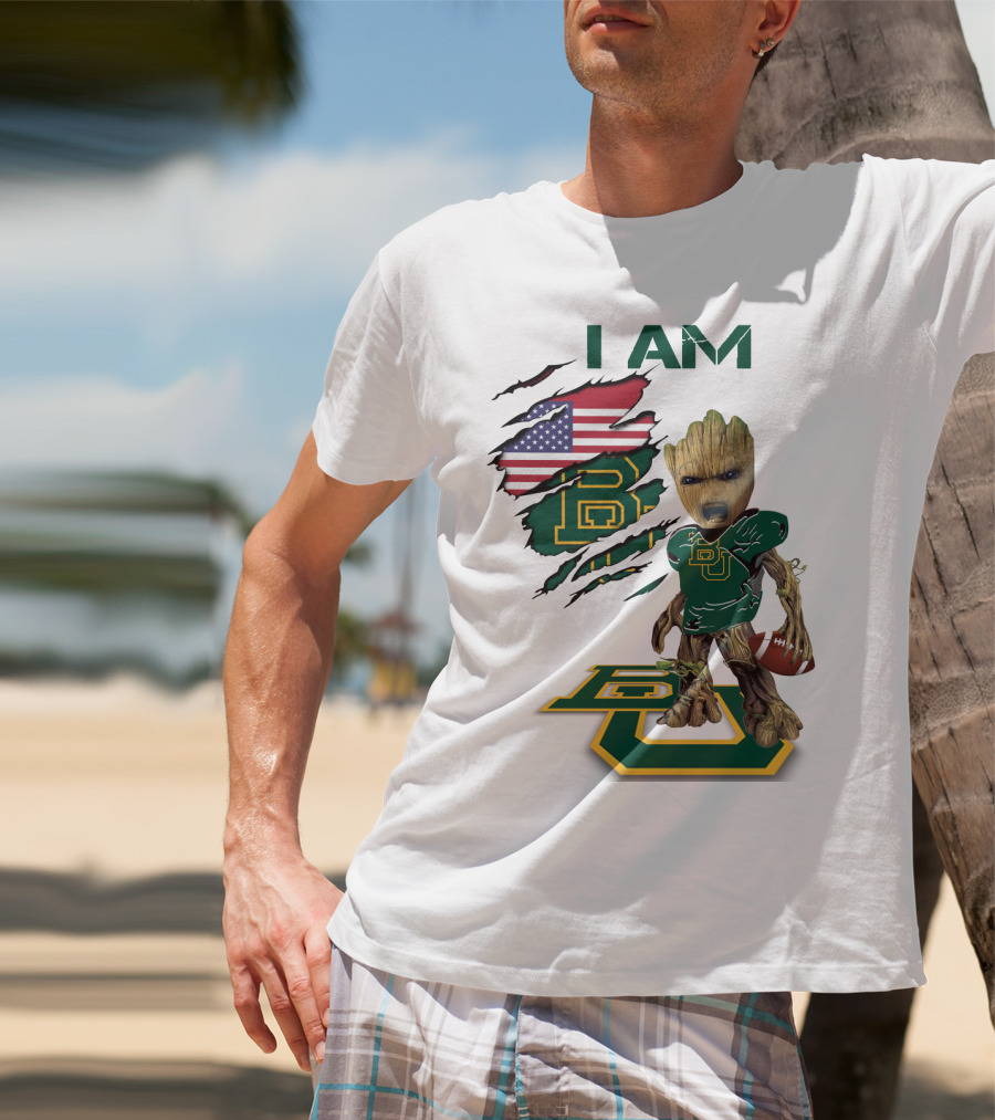 I Am Baylor Baby Groot Football Usa Flag T-Shirt