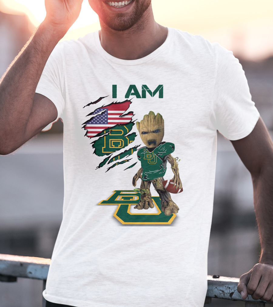 I Am Baylor Baby Groot Football Usa Flag T-Shirt
