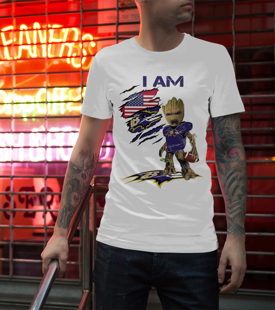 I Am Baby Groot Baltimore Ravens American Flag Football T-Shirt