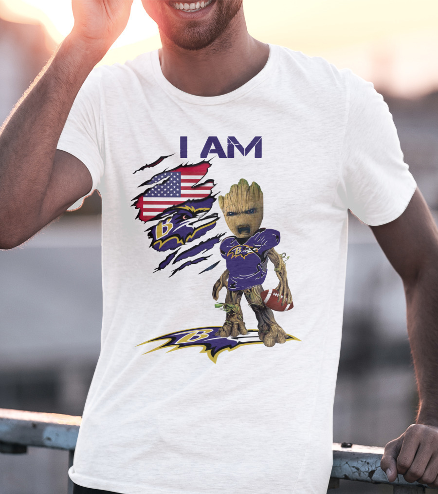 I Am Baby Groot Baltimore Ravens American Flag Football T-Shirt