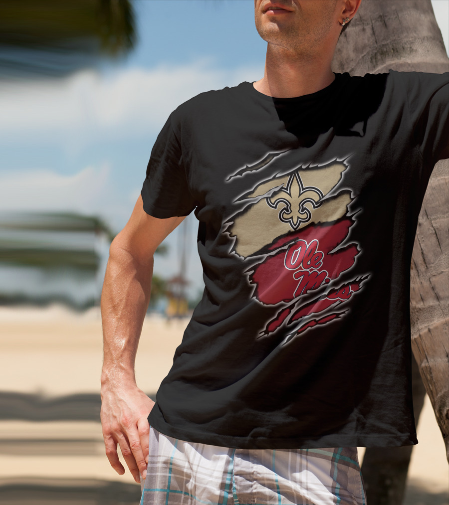 Saints Fleur-de-Lis And Ole Miss Logo Claw Mark T-Shirt