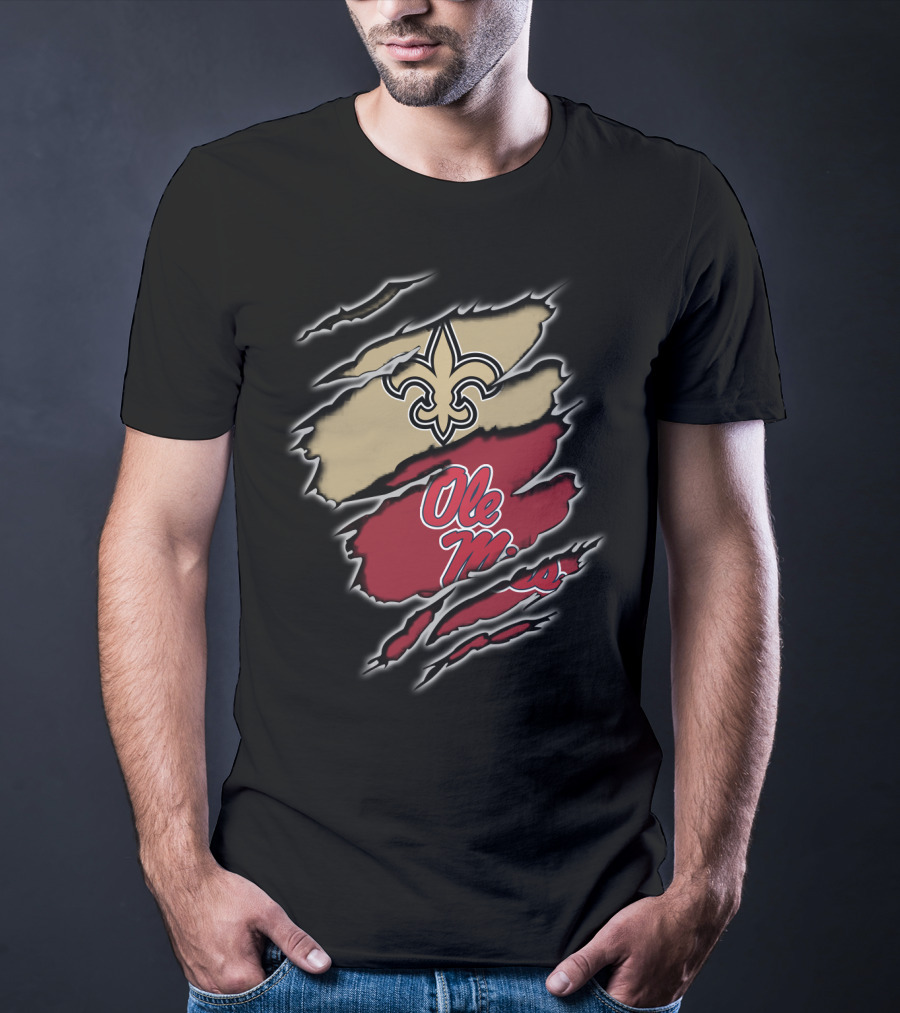 Saints Fleur-de-Lis And Ole Miss Logo Claw Mark T-Shirt