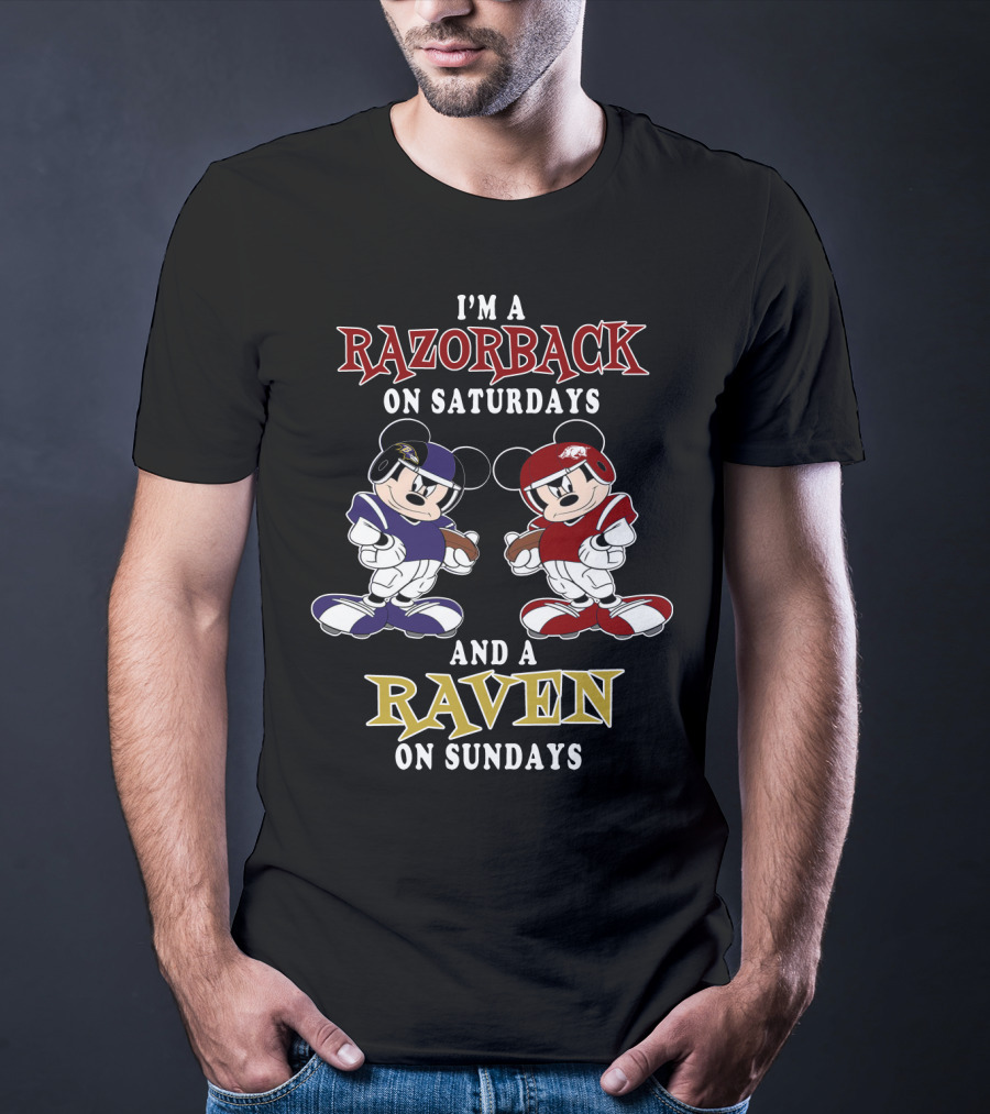 Razorback Saturdays Raven Sundays Mickey Football Characters T-Shirt