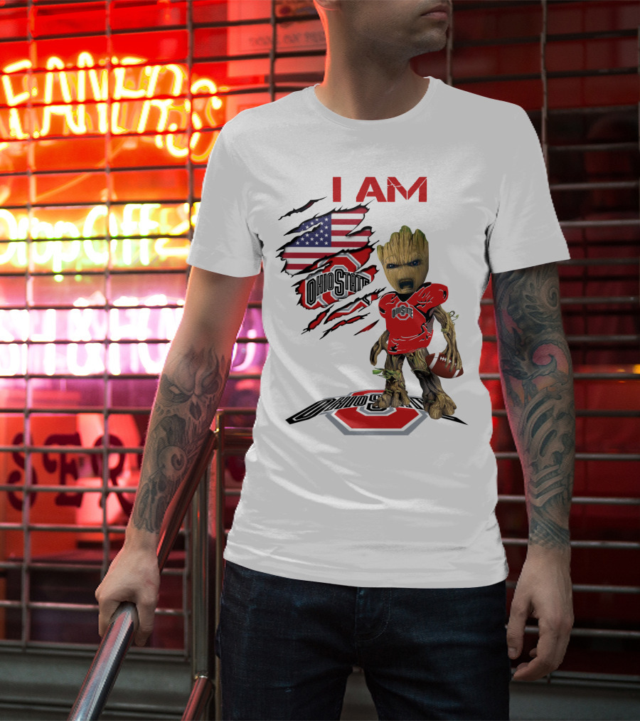 I Am Ohio State Baby Groot Football American Flag T-Shirt