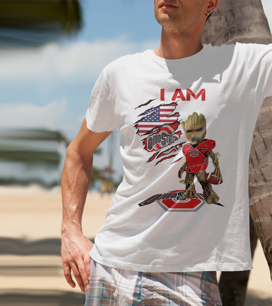I Am Ohio State Baby Groot Football American Flag T-Shirt