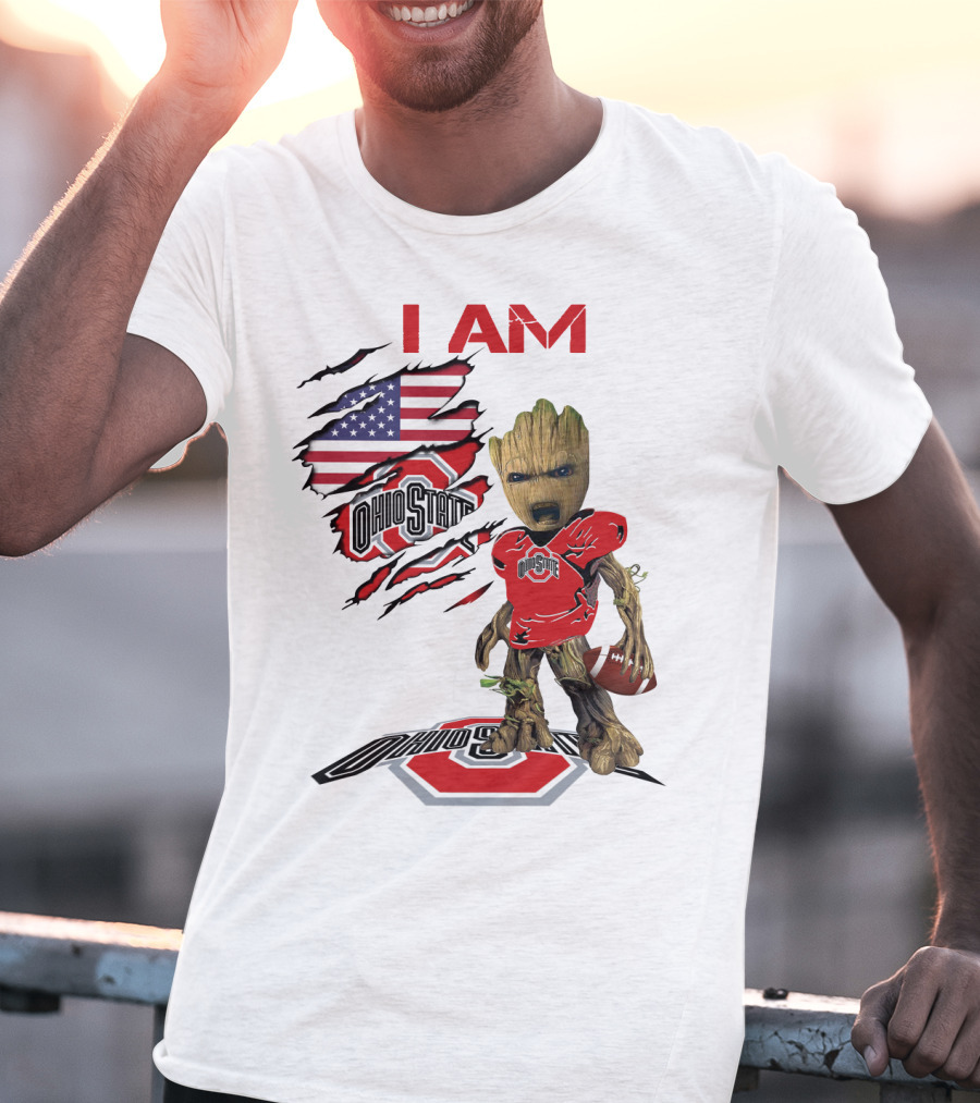 I Am Ohio State Baby Groot Football American Flag T-Shirt
