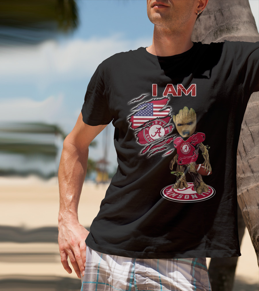 I Am Alabama Crimson Tide Football Fan Groot American Flag T-Shirt