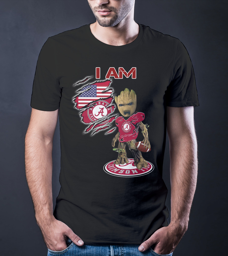 I Am Alabama Crimson Tide Football Fan Groot American Flag T-Shirt