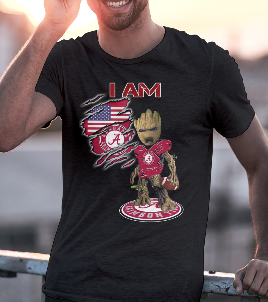 I Am Alabama Crimson Tide Football Fan Groot American Flag T-Shirt