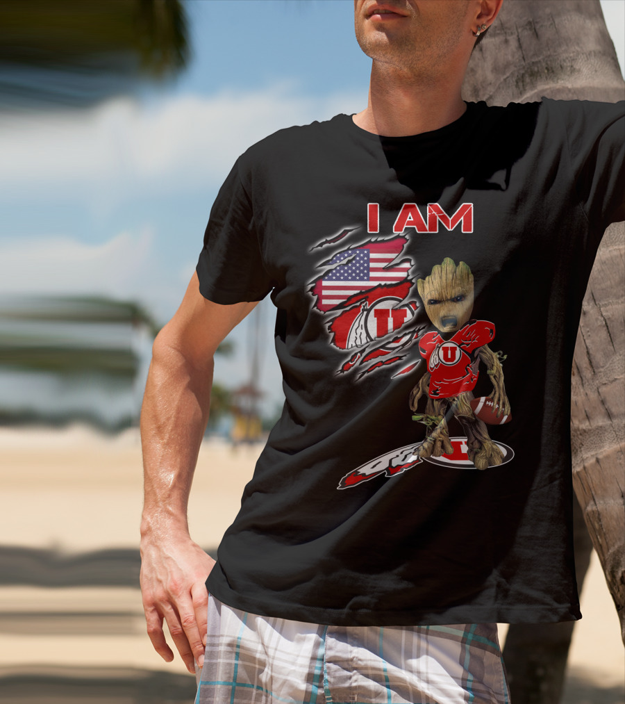 I Am U Utah Football Fan Groot American Flag T-Shirt